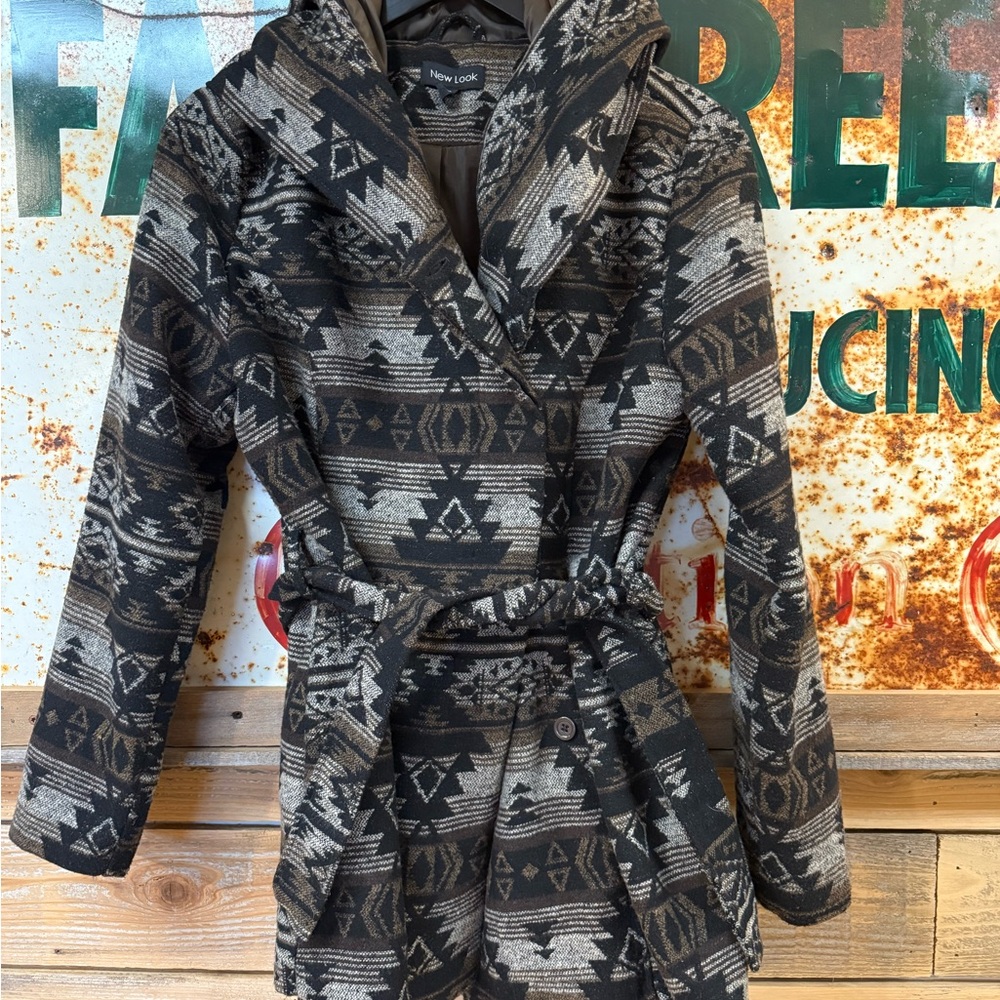 New Look Black and Gray Geometric Coat